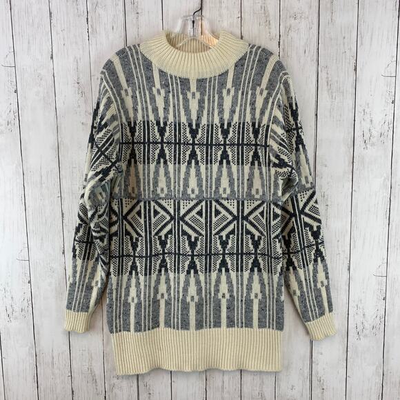 VTG Liz Claiborne Cream/Gray Print Wool Blend Mock Neck Tunic Sweater Size Small - Picture 1 of 11